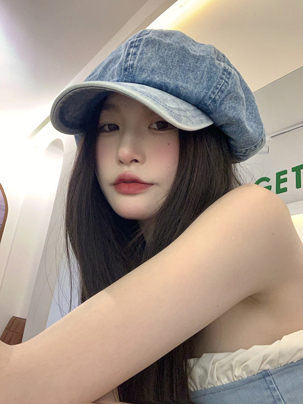Cowboy beret women's retro octagonal hat spring big head circumference blue painter's hat face-showing small hat