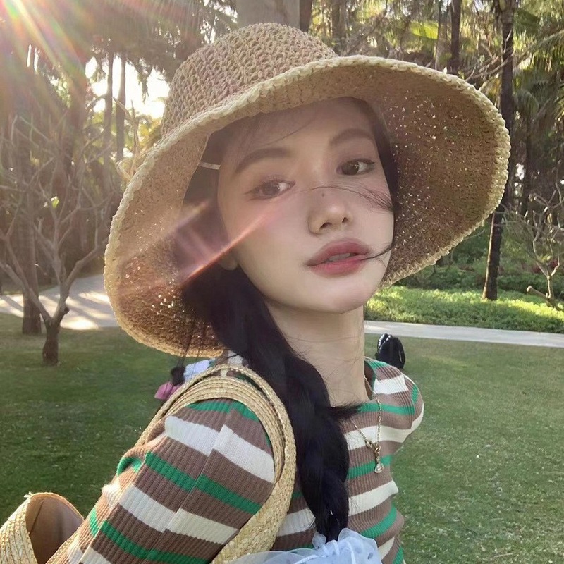 Dome Straw Hollow Breathable Straw Hat Women's Sunshade and Sunscreen Fisherman Hat Beach Travel Versatile Sunshade Basin Hat