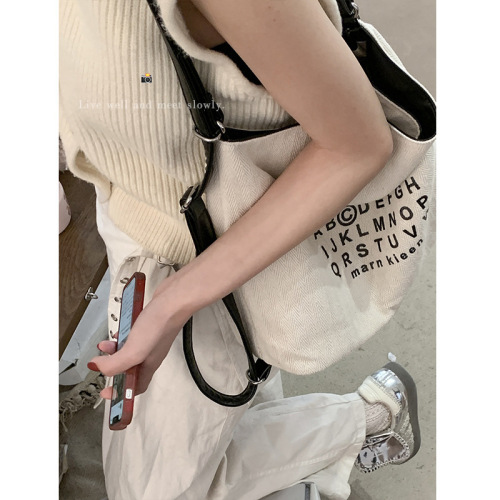 Korean style casual letter large capacity canvas bag for women 2024 new niche tote bag simple backpack