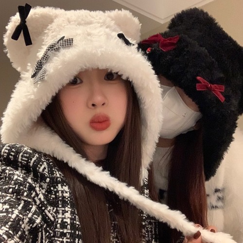 Winter furry hat for women thickened warm ear protection knitted hat big head circumference cute bear ears wool hat trendy