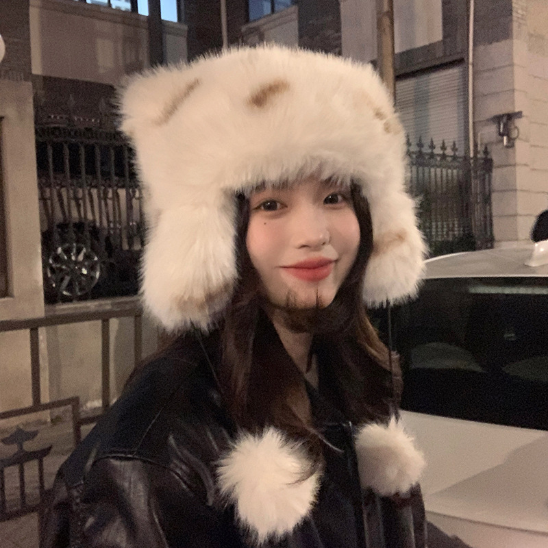 Winter furry big head circumference cute furry bear hat for women new thickened warm ear protection Lei Feng hat for women