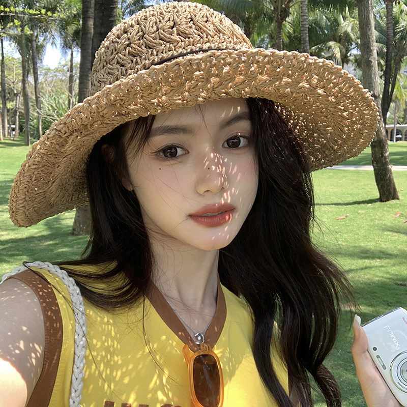 Bow straw hat for women 2024 new style hollow crochet foldable seaside beach large brim sun protection fisherman hat