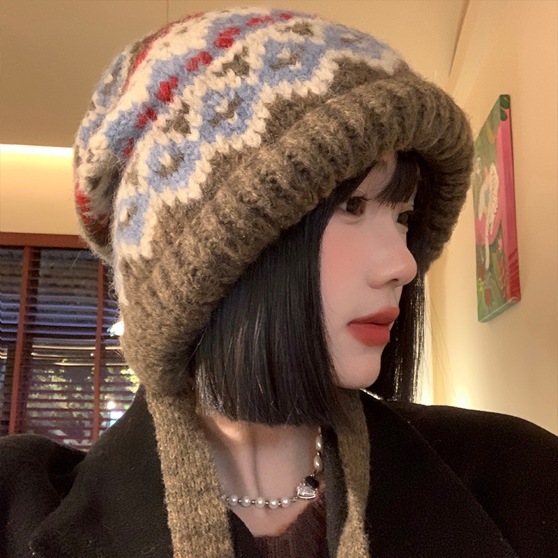 Maillard Dopamine Contrast Color Wool Hat Japanese Retro Fair Isle Style Knitted Hat Ear Protection Warm Bag Hat Winter