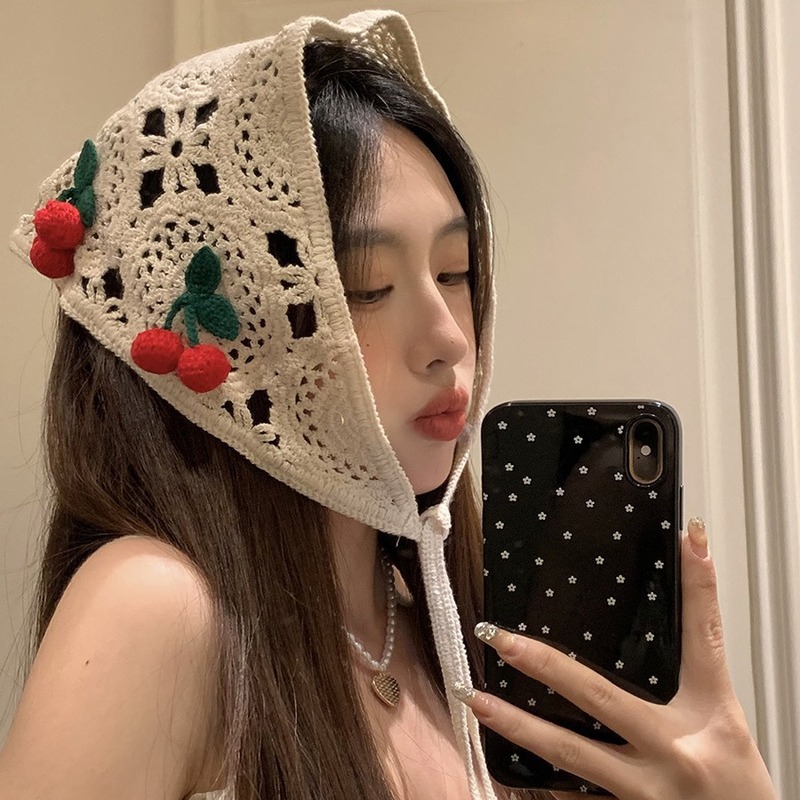 French retro knitted cherry triangle headscarf for travel, sweet and cute crocheted literary style headscarf for women, trendy hairband