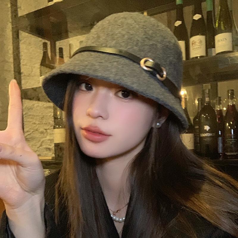 Belt buckle wool foreign daughter hat French hat women's autumn and winter fisherman hat basin hat Hepburn rich daughter hat