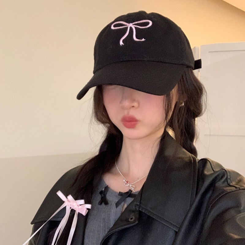 Bow embroidered peaked cap for women with big faces, versatile and small new Korean style adjustable wide brim sunshade baseball cap
