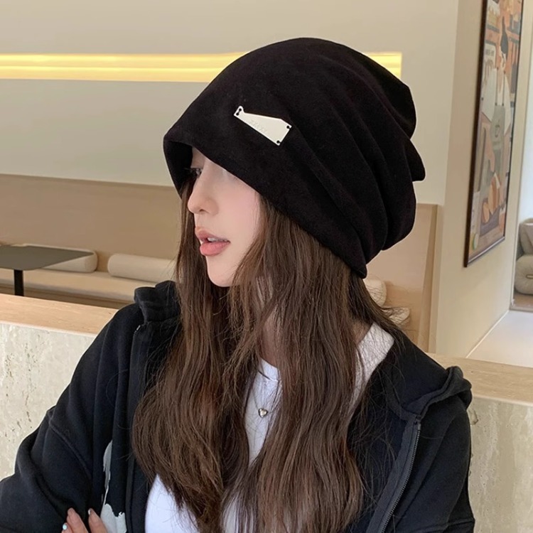 Japanese metal label big head circumference pile hat women's new Korean style lazy wind-cooled hat autumn Baotou hat