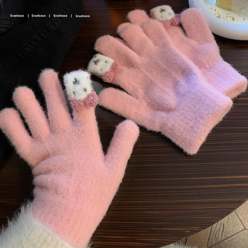 Cute bunny solid color woolen knitted gloves for women in winter with split fingers to keep warm and cold-proof for cycling outdoor students with touch screen