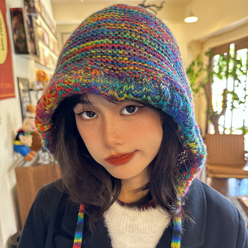 ins internet celebrity ~ dark blue light blue * retro niche rainbow knitted fisherman hat contrasting woolen toe cap to keep women warm