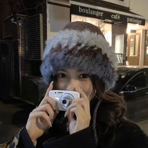 Rabbit fur knitted hat autumn and winter spliced ​​warm woolen hat Korean version of ins sweet and cute plush ear protection cap