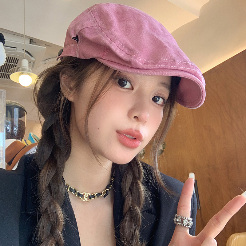 Pink retro cowboy forward hat for women with large head circumference, American casual, all-match, face-showing, small reverse-wearing beret