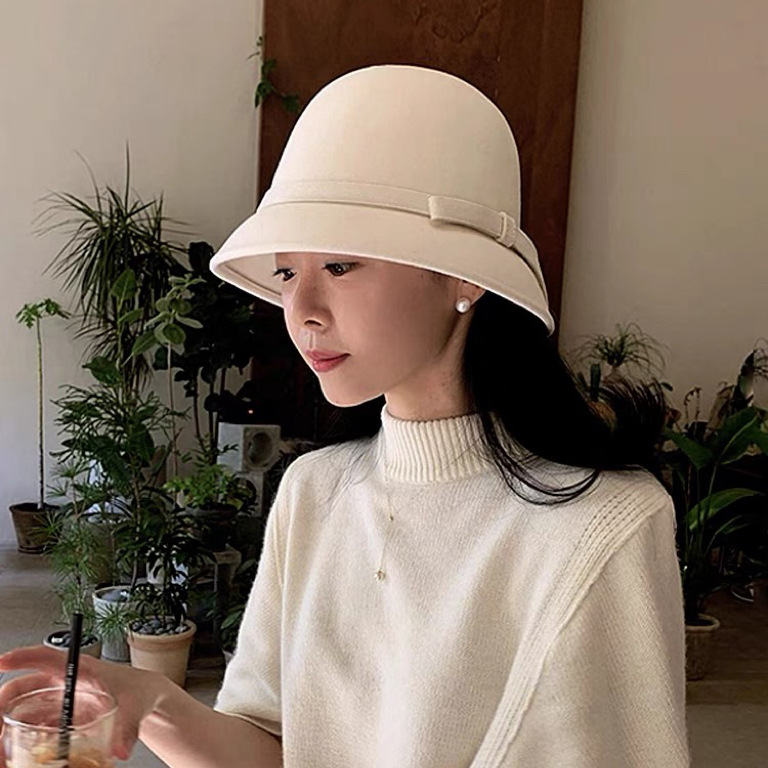 Hepburn style woolen fisherman hat women's French retro small fragrant style hat basin hat elegant temperament lady hat