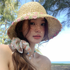 Woven straw hat for women 2024 new style seaside vacation sunshade small flower sun straw hat foldable