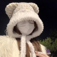 Korean style tethered cute bear ears plush hat for women winter new warm ear protection knitted woolen hat