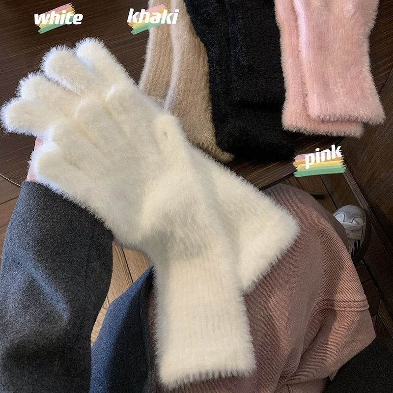 Korean version of ins winter gloves for women to keep warm, fingerless, touch screen, play with mobile phone, furry student, write, protect against cold, ride trend