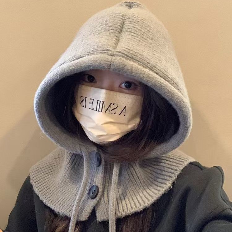 Korean style balaclava hat for women autumn and winter scarf one-piece knitted ear protection woolen hat pullover knitted hat