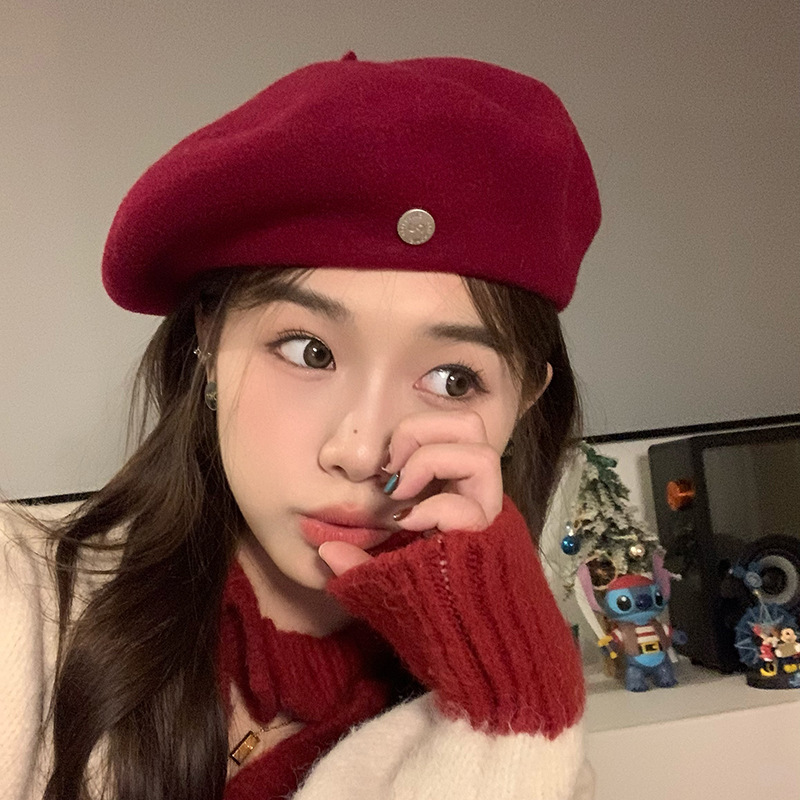 Hat Women's Wool Internet Celebrity Beret Women's Retro Painter Hat Showing Face, Small Temperament Red Hat Trend