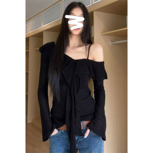 Morning collar [impulse style] Designed ruffled one-shoulder T-shirt for women in early autumn Korean style slim hottie off-shoulder top