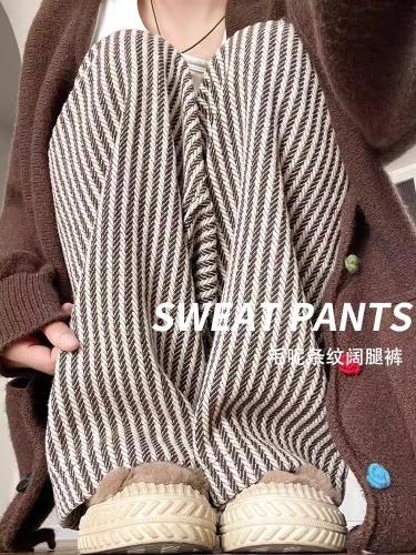 [420g Original] Coffee-colored woolen wide-leg pants for women in autumn and winter high-waisted casual striped pants for small people