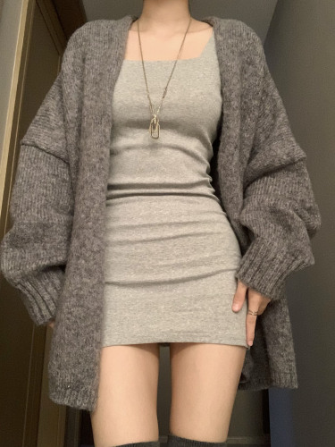 Lazy style sweater jacket for women in autumn and winter retro over-the-knee mid-length loose knitted cardigan with coat