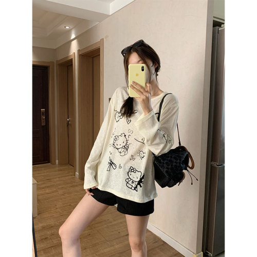 Morning collar [original fabric] slanted shoulder early autumn lazy cartoon print thin long-sleeved T-shirt women's loose top