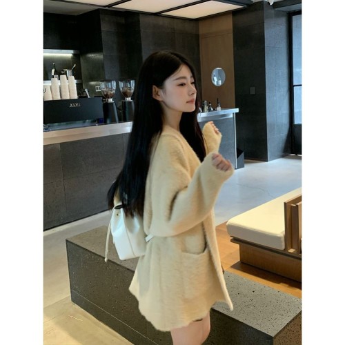 Rongirl hooded imitation mink knitted cardigan loose coat for women small and medium length 2024 spring and autumn new style