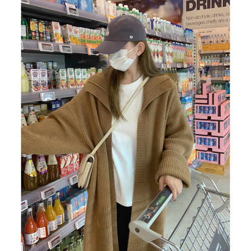 Korean retro lapel mid-length coat for women in autumn and winter thickened loose knitted cardigan with temperament and lazy style large sweater