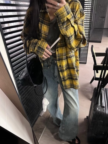 Loose long-sleeved outer top for women yellow plaid shirt spring and autumn new style French design niche temperament top