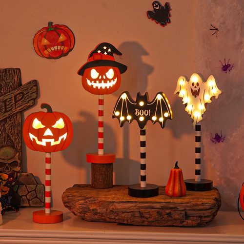 2024 Cross-border LED Halloween Light Shape Light Pumpkin Ghost Skull Wooden Decorative Night Light Ambient Light