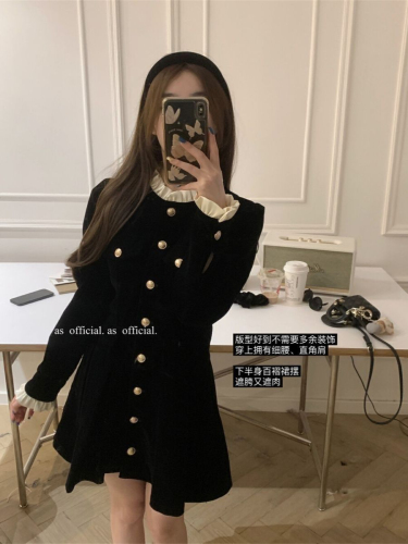 French fungus heavy velvet dress for women 24 autumn and winter retro small gold buckle waist slimming pleated skirt