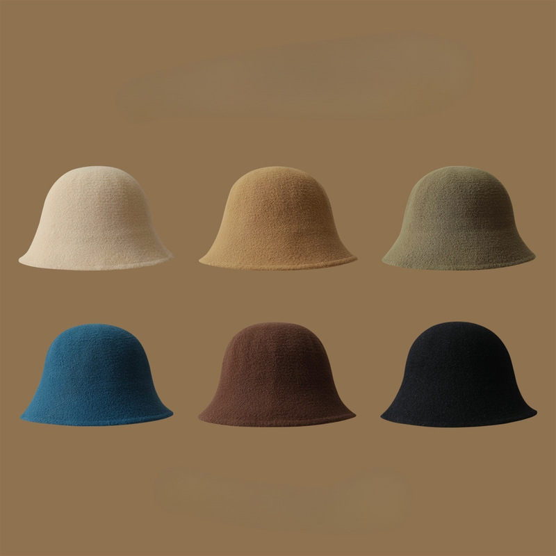 Wide brim small fisherman hat showing face, autumn and winter woolen warm dome basin hat Japanese solid color versatile table lamp hat for girls