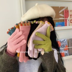 Cute Korean ins little jelly bean fingerless woolen knitted five-finger gloves for women in winter with touch screen to keep them warm while riding with five fingers