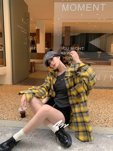 Loose long-sleeved outer top for women yellow plaid shirt spring and autumn new style French design niche temperament top