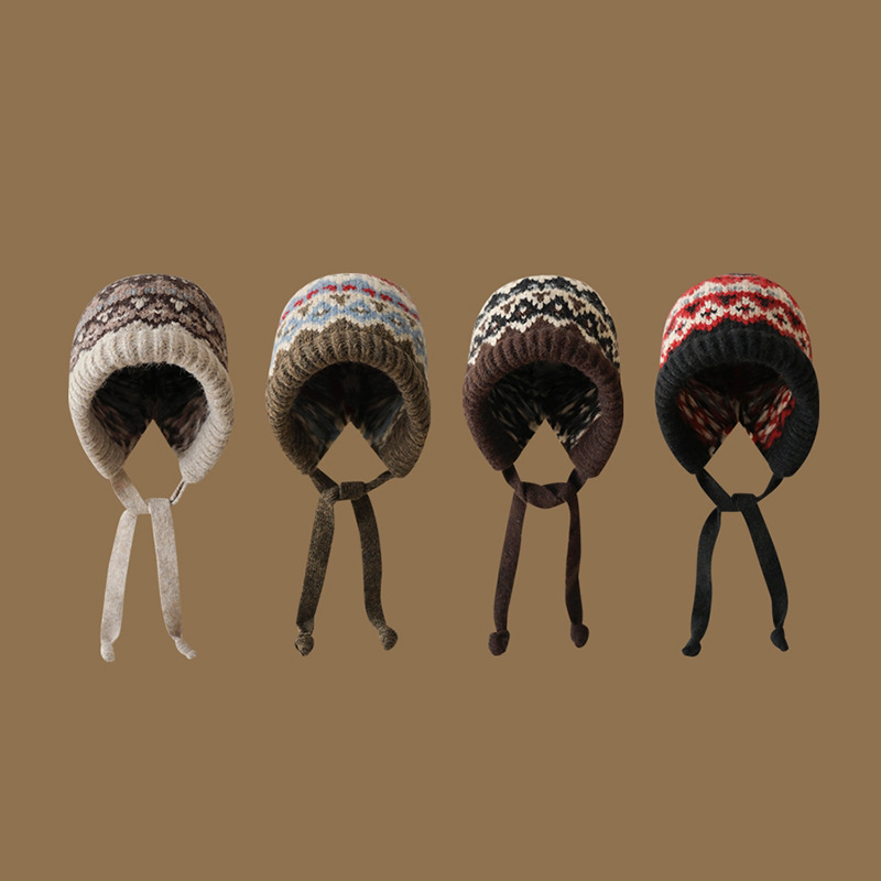 Fair Isle style knitted woolen hat for women winter 2024 new retro bag hat warm ear protection pile hat trendy