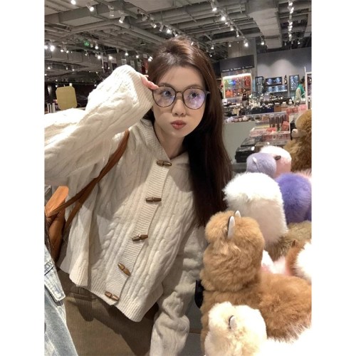 Korean soft milk fufu raccoon velvet horn button hooded sweater jacket for women autumn and winter loose twist knitted cardigan