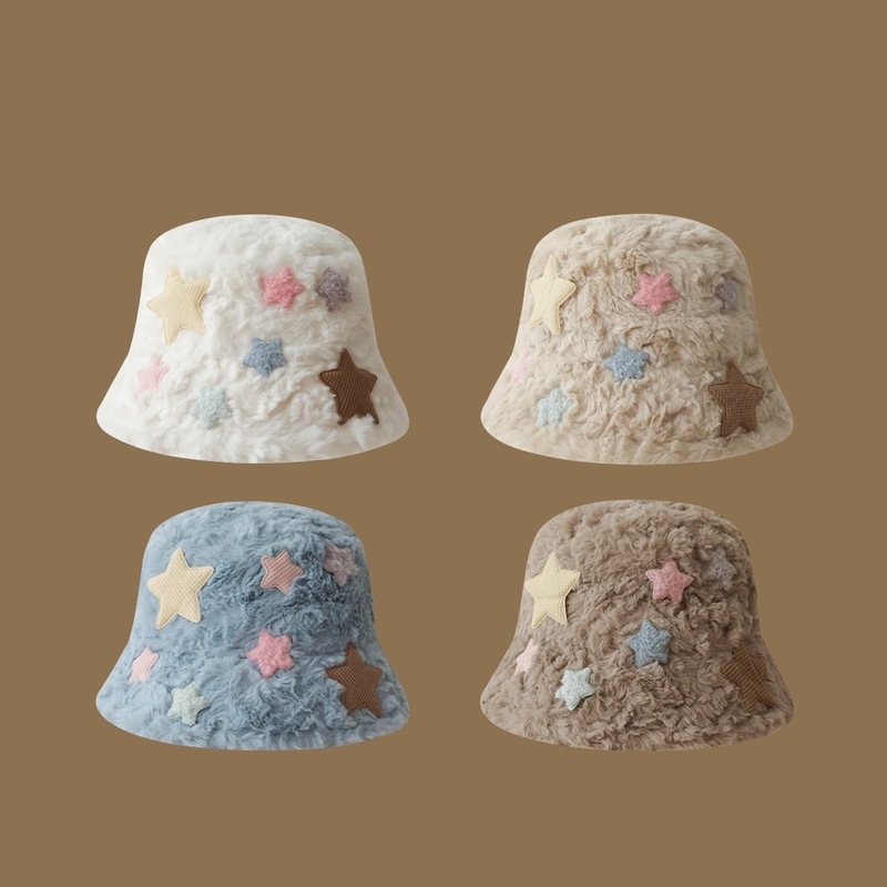 Cute white plush star fisherman hat autumn and winter thickened warm basin hat Korean style face-showing little sweet girl hat