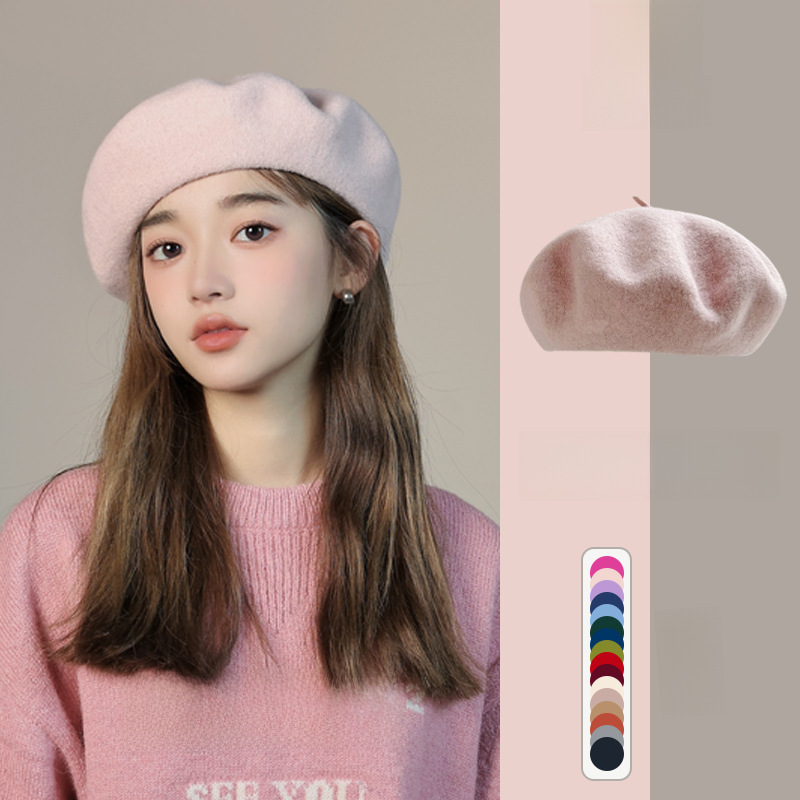 Dopamine solid color wool beret women's Korean fashion painter hat autumn and winter Korean literary retro woolen hat