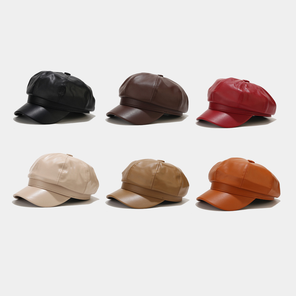 Korean style autumn and winter glossy leather octagonal hat for women British style retro casual solid color peaked cap fashion pu hat