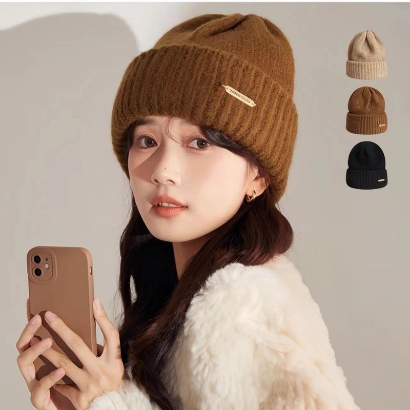 Woolen hat for women in autumn and winter, Korean version, all-match face-showing small knitted hat, Internet celebrity, Japanese style, large head circumference, warm and ear-protecting hat