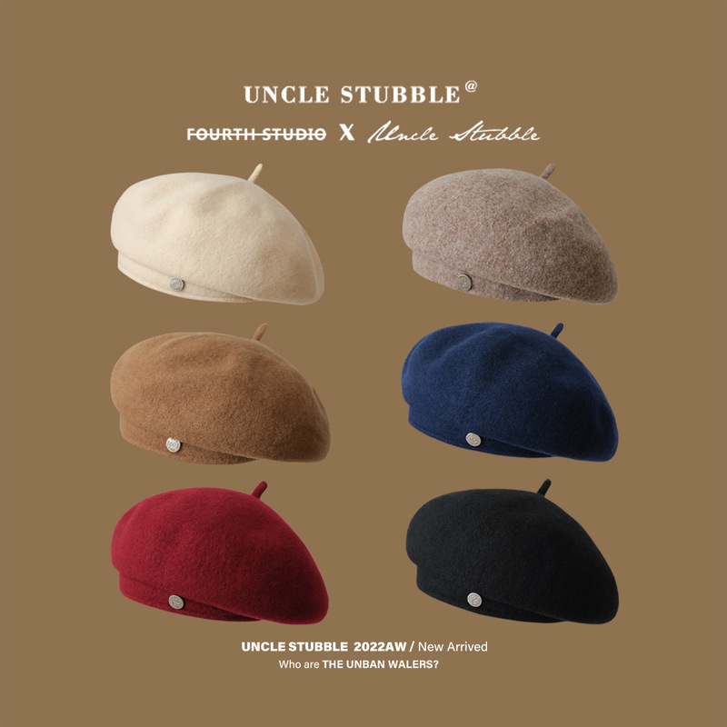 Small head circumference pumpkin hat for girls winter solid color British style wool beret for men solid color woolen painter hat
