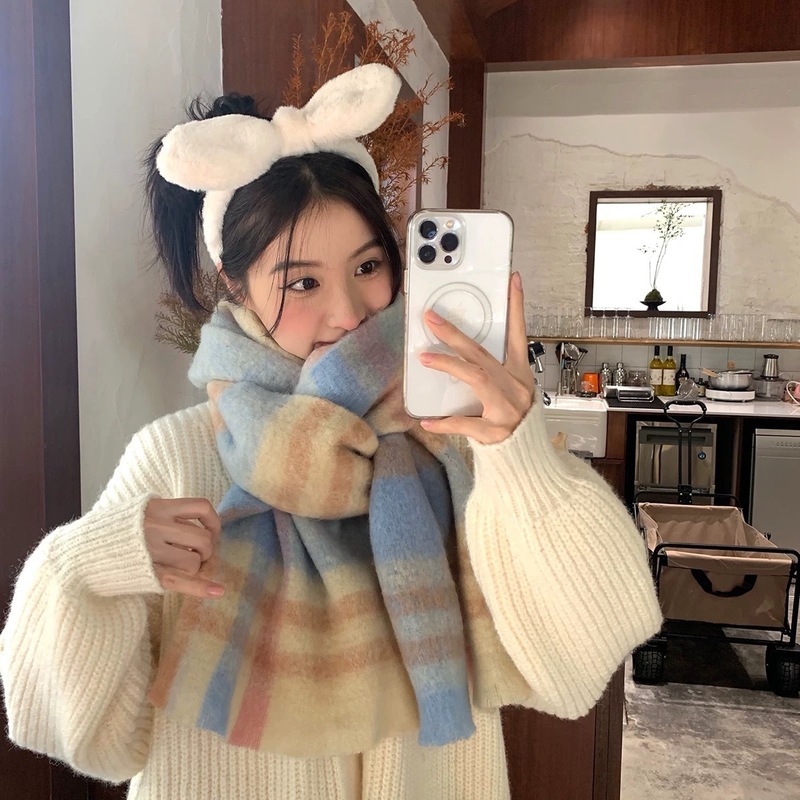 Autumn and winter new Korean style rainbow plaid striped imitation cashmere scarf for women thickened double-sided warm super long shawl
