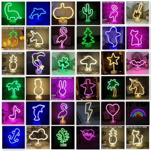 LED desktop neon light rainbow cloud seat night light lightning love flamingo base decorative light