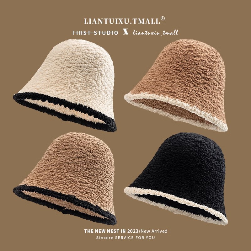 Fisherman hat for women in autumn and winter, versatile large head circumference showing face, small bucket hat without makeup, warm face-covering wool basin hat for men and women