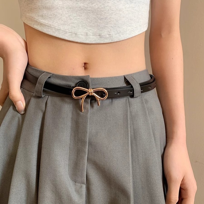 Versatile bow belt for women, Korean version, simple design, adjustable snap buckle, fashionable thin belt, cute with skirt