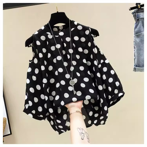 Plus size women's summer new style fat girl loose slimming belly-covering top polka-dot off-shoulder short-sleeved chiffon shirt