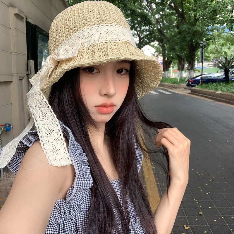Large brim sun protection hat holiday style fisherman hat lace bow hollow woven straw hat for women
