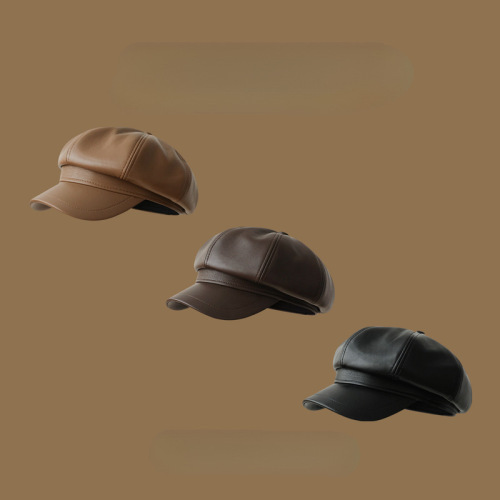 Delicate PU leather octagonal hat for girls, large hat with a small face, small newsboy hat, retro British style painter hat for men