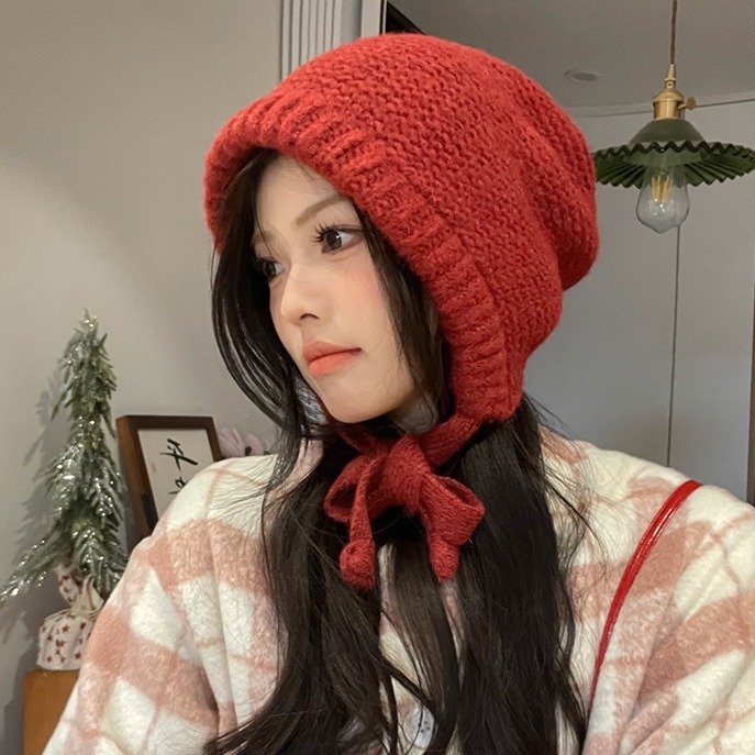 Solid Color Balaclava Women's Winter Korean Version Versatile Ear Protection Coldproof Beanie Hat Thickened Warm Knitted Hat