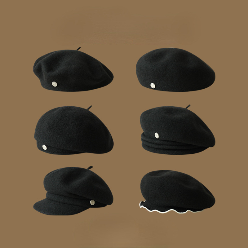 Black beret fashionable versatile classic bud hat British retro style newsboy hat trendy girls
