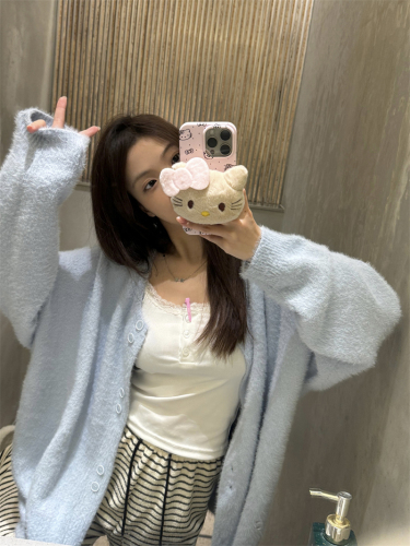 Blue imitation mink soft waxy sweater jacket for women in autumn and winter Korean style lazy style age-reducing loose plush knitted cardigan